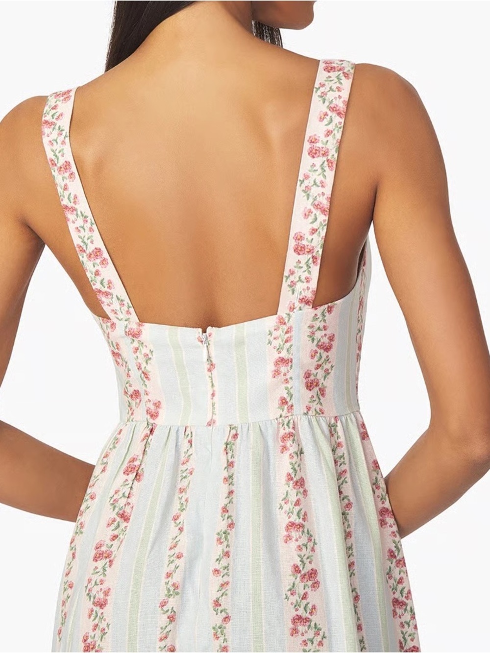 WEWOREWHAT Pastel Stripe Ditsy Floral Peasant High-Waist Midi Summer Sun Dress L